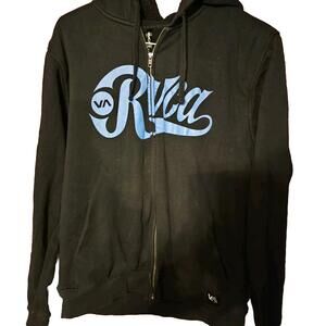 RVCA Zip Hoodie Black Blue Print  Fleece Insulated Pockets Mens Large Heavy